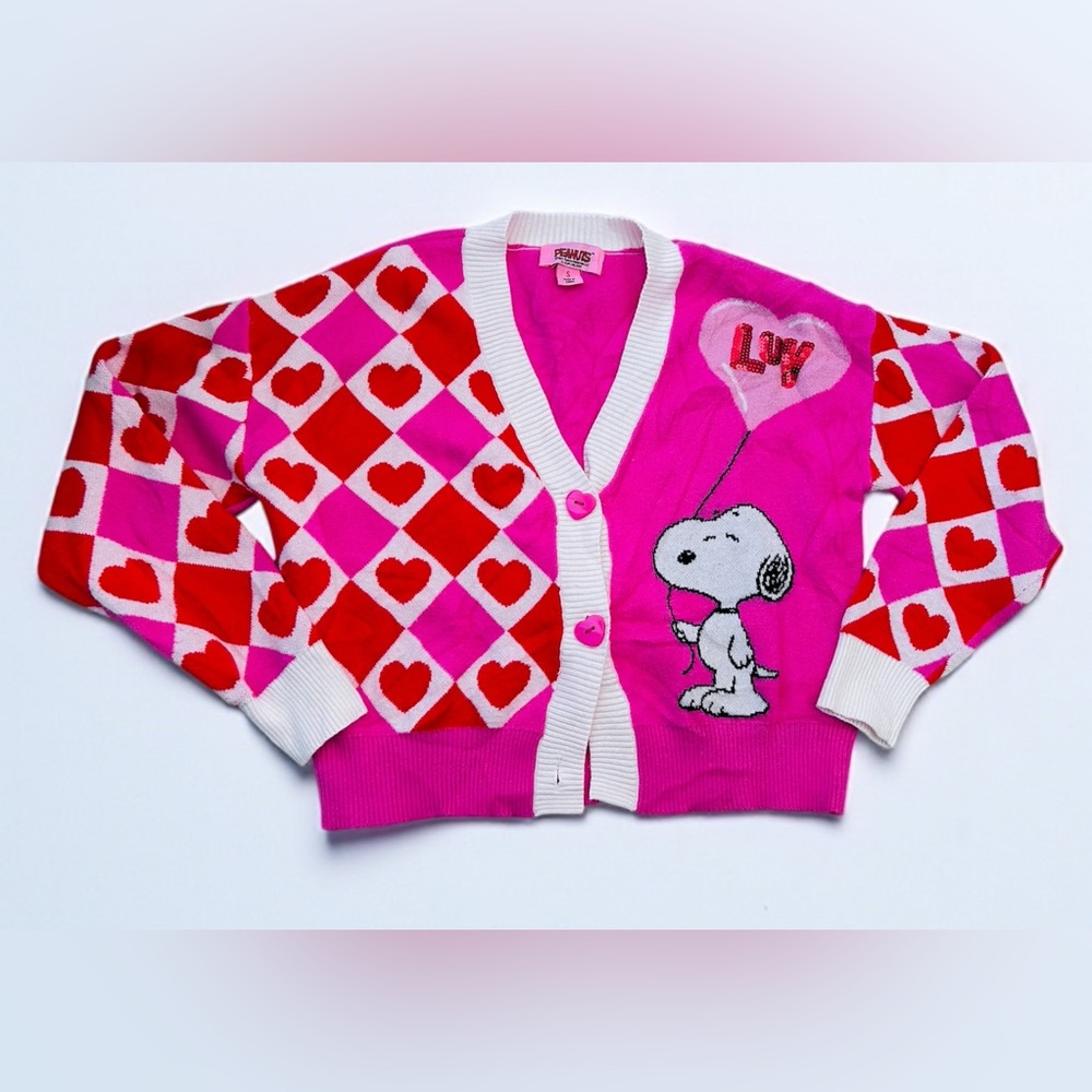 Peanuts Women's Snoopy Valentine's Luv Heart Cardigan Sweater Pink size S